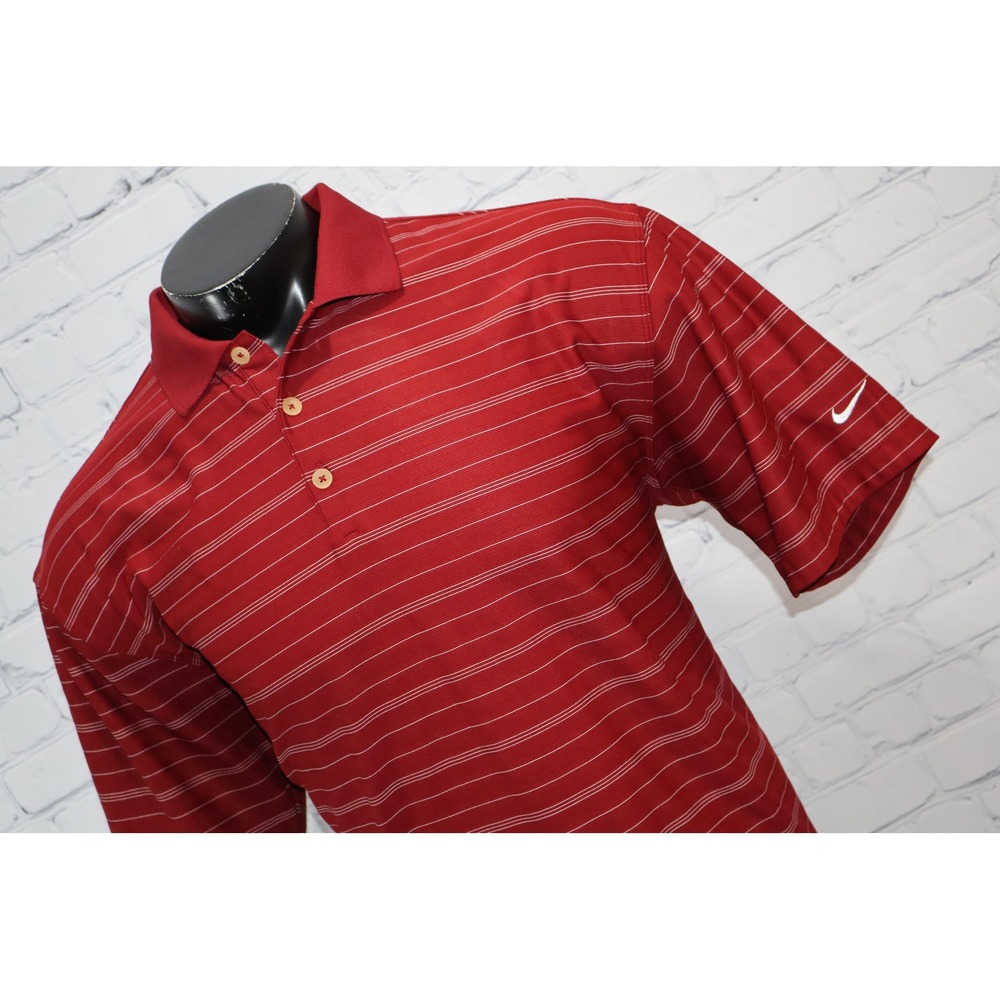 Nike Golf Polo Men Large Red Striped Fit Dry Short Sleeve Swoosh Logo Polyester